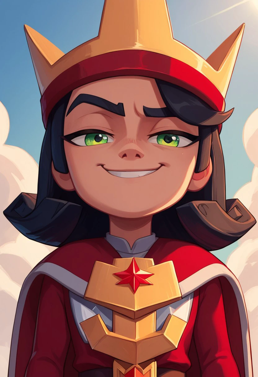 masterpiece, newest, absurdres, safe, score_9, score_8, score_7_up, (masterpiece), best quality, source_cartoon, young,  Little Prince, black hair, cape, smug, green eyes, looking down at viewer, eyebrow raised, red outfit, crown, , <lora:51595005-95af-439c-bc6f-cfed10bedf8f:1.0>