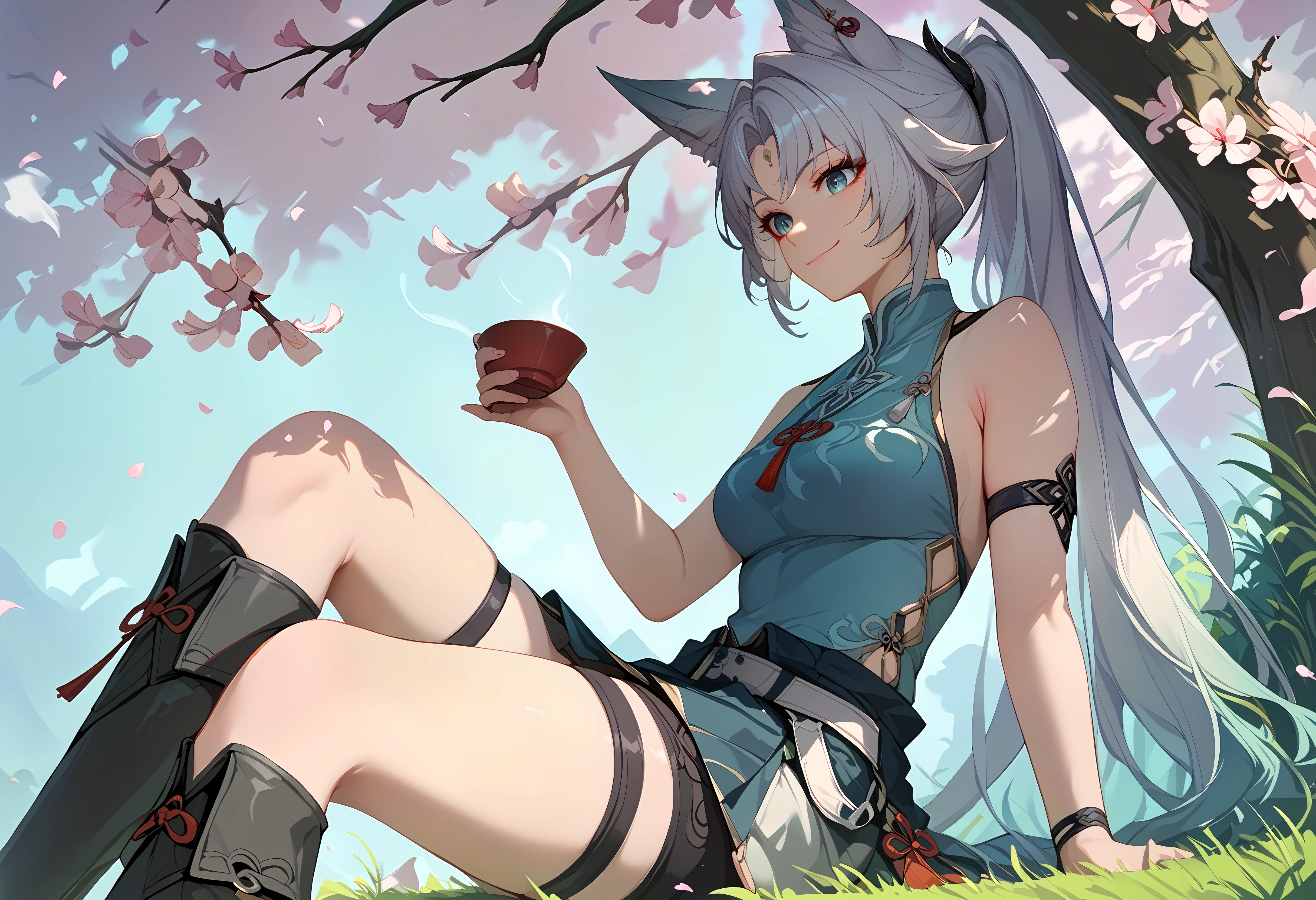 (score_9, score_8_up, score_7_up), 1girl, solo, feixiao, bare shoulders, arm strap, half-skirt, double thigh strap, knee boots, sitting under cherry blossoms, on grass, from side, holding tea cup, smile, closed mouth, knee up, <lora:feixiao-strPO-v1A:0.9>