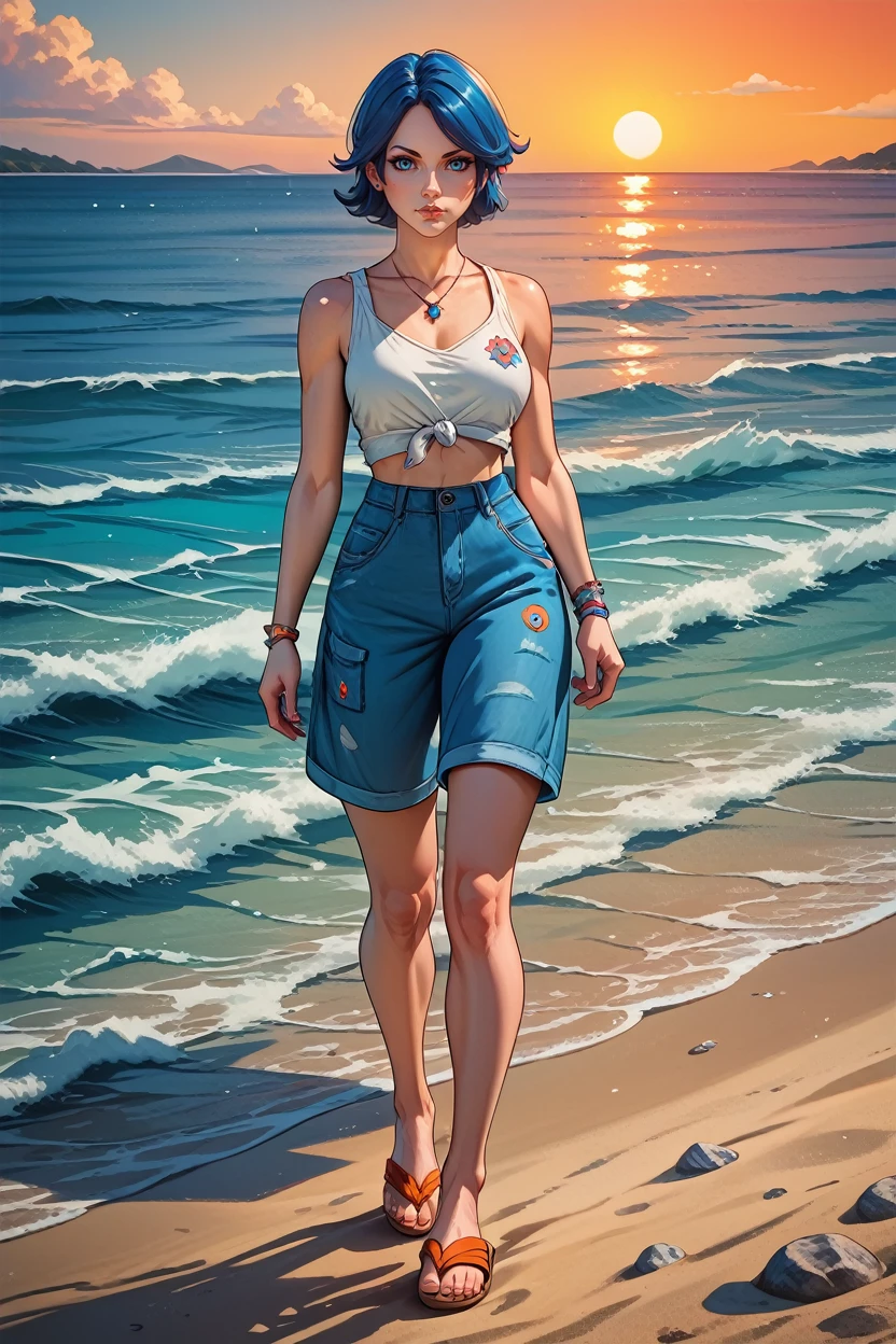 score_9, score_8_up, score_7_up, score_6_up
<lora:BLAthena:0.8>
BLAthena, 1girl, blue hair, blue eyes, short hair, looking at viewer, walking barefoot on a sandy beach, holding sandals in one hand, waves gently lapping at the shore, vibrant sunset with pink and orange hues, relaxed and contemplative atmosphere