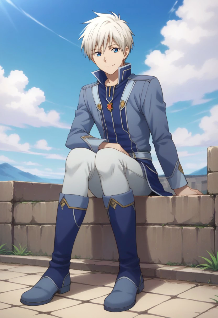 score_9, score_8_up, score_7_up, source_anime, highly detailed, 

zenwi, 1boy, male focus, solo, blue eyes, boots, uniform, blue uniform, high collar, white hair, smile, blue footwear, looking at viewer, 

outdoor, sky, sit,