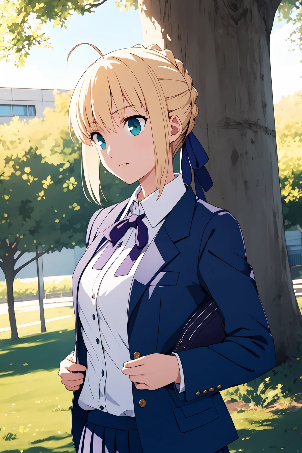 (RAW photo, best quality), masterpiece, 1girl,  natural lighting
 <lora:saber_atoria_v1_2-000006:1>, artoria,
school uniform, jacket, blazer, ribbon, school bag, under a tree,