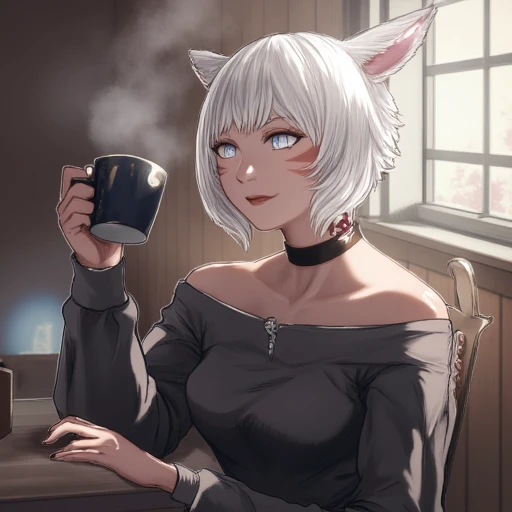 Yshtola Rhul, 1girl, solo, smile, short hair, holding, animal ears, bare shoulders, tail, white hair, indoors, cat ears, dark skin, off shoulder, sweater, dark-skinned female, cup, cat tail, grey eyes, window, tattoo, facial mark, cat girl, steam, holding cup, mug, whisker markings, off-shoulder sweater, miqo'te, neck tattoo