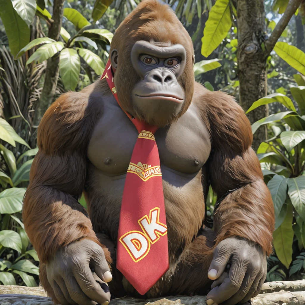 "DK" necktie red, gorilla sitting, DonkeyKongXL, <lora:DonkeyKongXL:.7>, realistic fur, white eyes, barefoot, jungle, white eyes, (masterpiece, intricate:1.3)