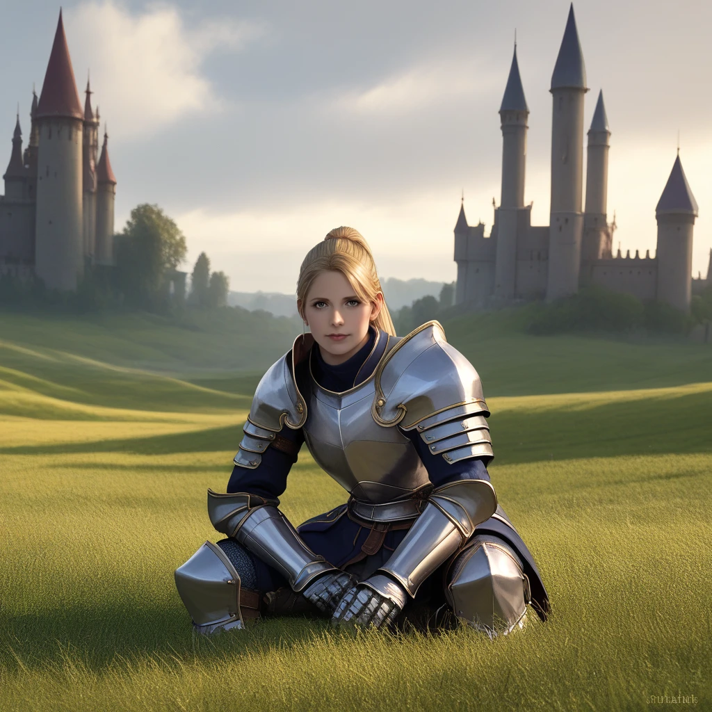 score_9, score_8_up, score_7_up, source_anime, professional photograph of Sarah Woman, portrait, blonde hair, she's a medieval knight, ornate silver armor with golden details, golden trim on armor, heraldry of a lion on her detailed armor, gauntlets, shoulderguards, she's an armored medieval fantasy knight, long hair, ponytail, posing on a field, large castle in the background, sunny day, warm lighting, rating_safe <lora:Sarah Pony 8:1>  <lora:PlateArmor:0.55> pl@t3