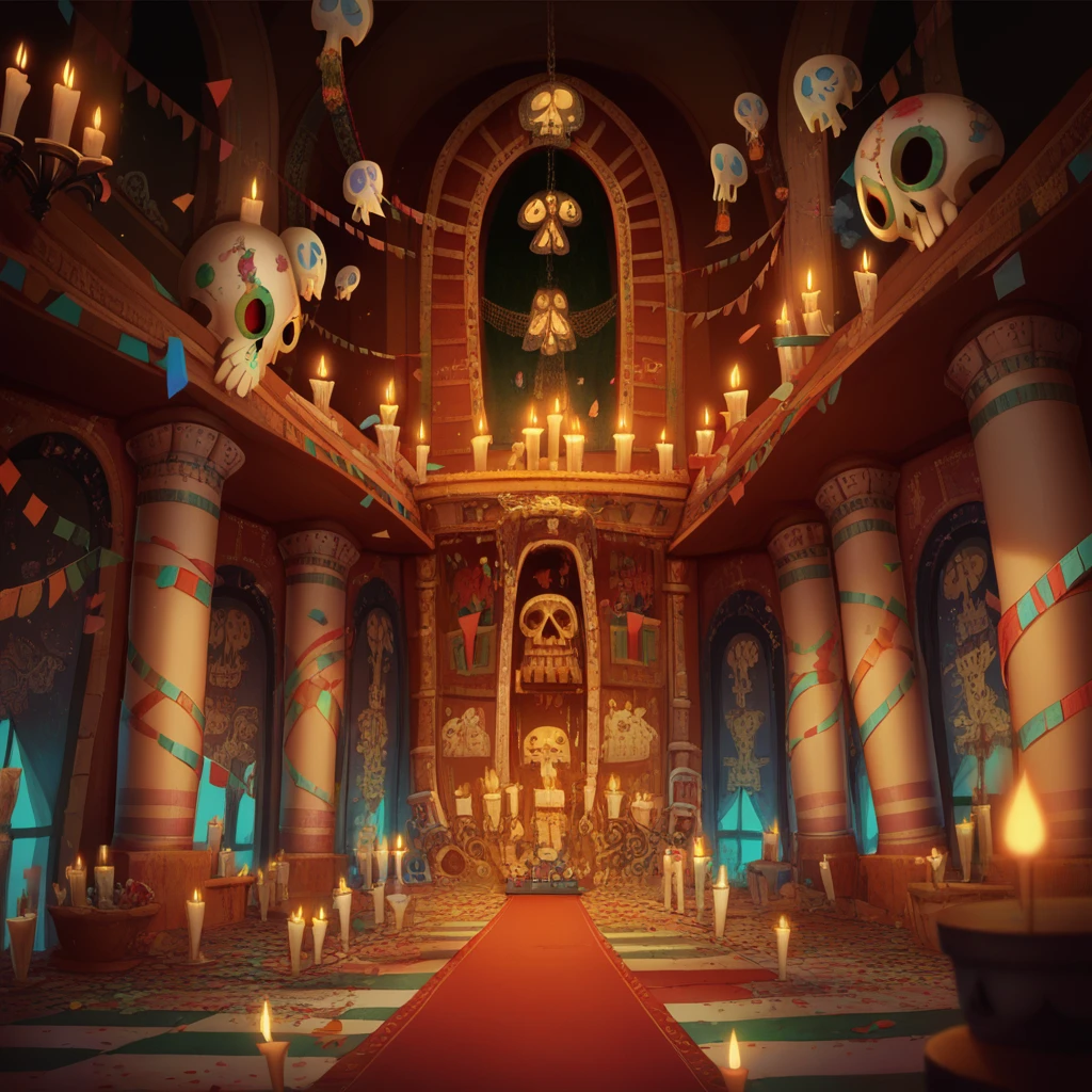 Score_9, score_8_up, score_7_up, score_6_up, BREAK
<lora:The_Book_of_Life_and_Coco_Backgrounds:1.0> day of the dead, detailed background, architecture, confetti, skull, indoors, candle, scenery