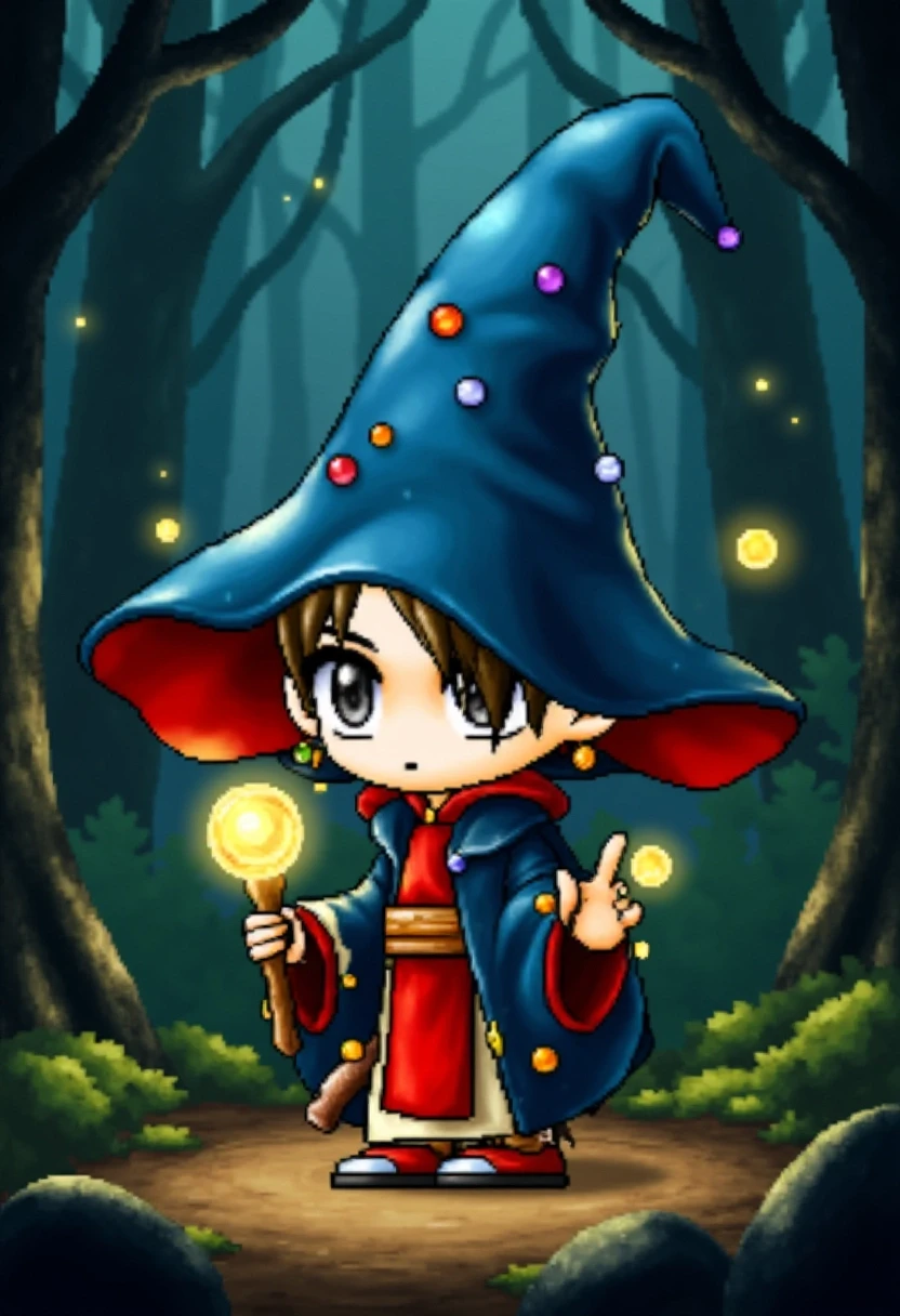 A cute mage with oversized robes and a tall pointed hat, casting a spell in a magical forest. Glowing orbs float around the character, lighting up the dense trees and giving the scene a mystical atmosphere.