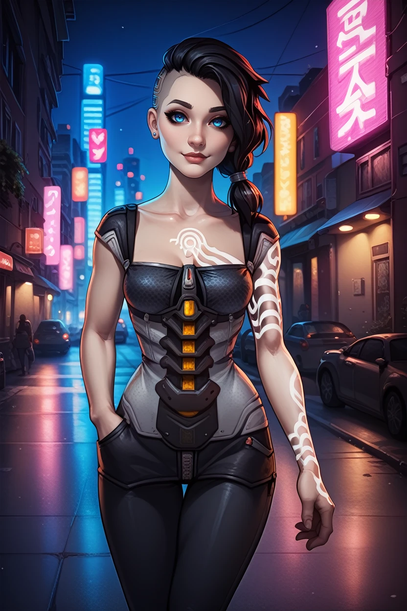 score_9, score_8_up, score_7_up, score_6_up
<lora:BLAngel:1.0>
BLAngel, 1girl, black hair, long hair, blue eyes, undercut, tattoo, looking at viewer, looking over shoulder, soft smile, standing, one hand in pocket, urban street at night, neon lights, city skyline