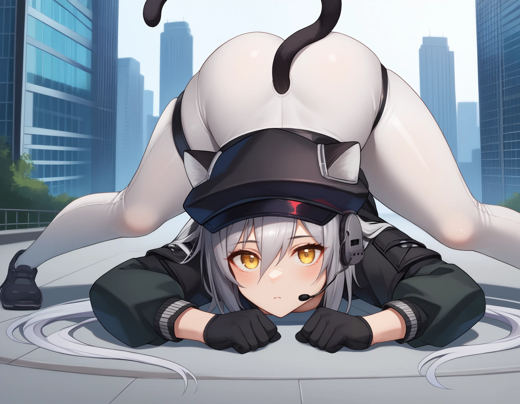 score_9, score_8_up, score_7_up, source_anime, <break> solo, 1girl, shwrzsky, cat tail, blush, expressionless, looking at you, jack-o' challenge, top-down bottom-up, grey hair, animal ears, cabbie hat, ears through headwear, headset, yellow eyes, black jacket, long sleeves, black gloves, white pants, tight pants, thigh strap, ass, outdoors, city
<segment:yolo-face_yolov8m.pt,0.4,0.5//cid=1>