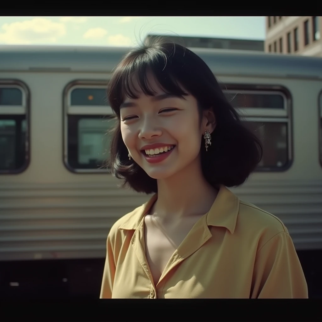 <lora:diffused light style v1:1>
A Diffused light of a woman is standing in front of a train,1girl,solo,smile,open mouth,shirt,black hair,jewelry,closed eyes,upper body,earrings,outdoors,teeth,from side,profile,letterboxed,ground vehicle,building,motor vehicle,city,realistic,car , realistic, sharp, detailed, classic, 1970's light style, high-key light style, photography, artistic, perfection, diffusion, diffused, soft light, glow, bright, contrast, highlights, halo, glowing ambient light, colorful, cinematic, filmic, high quality photo, diffused light style