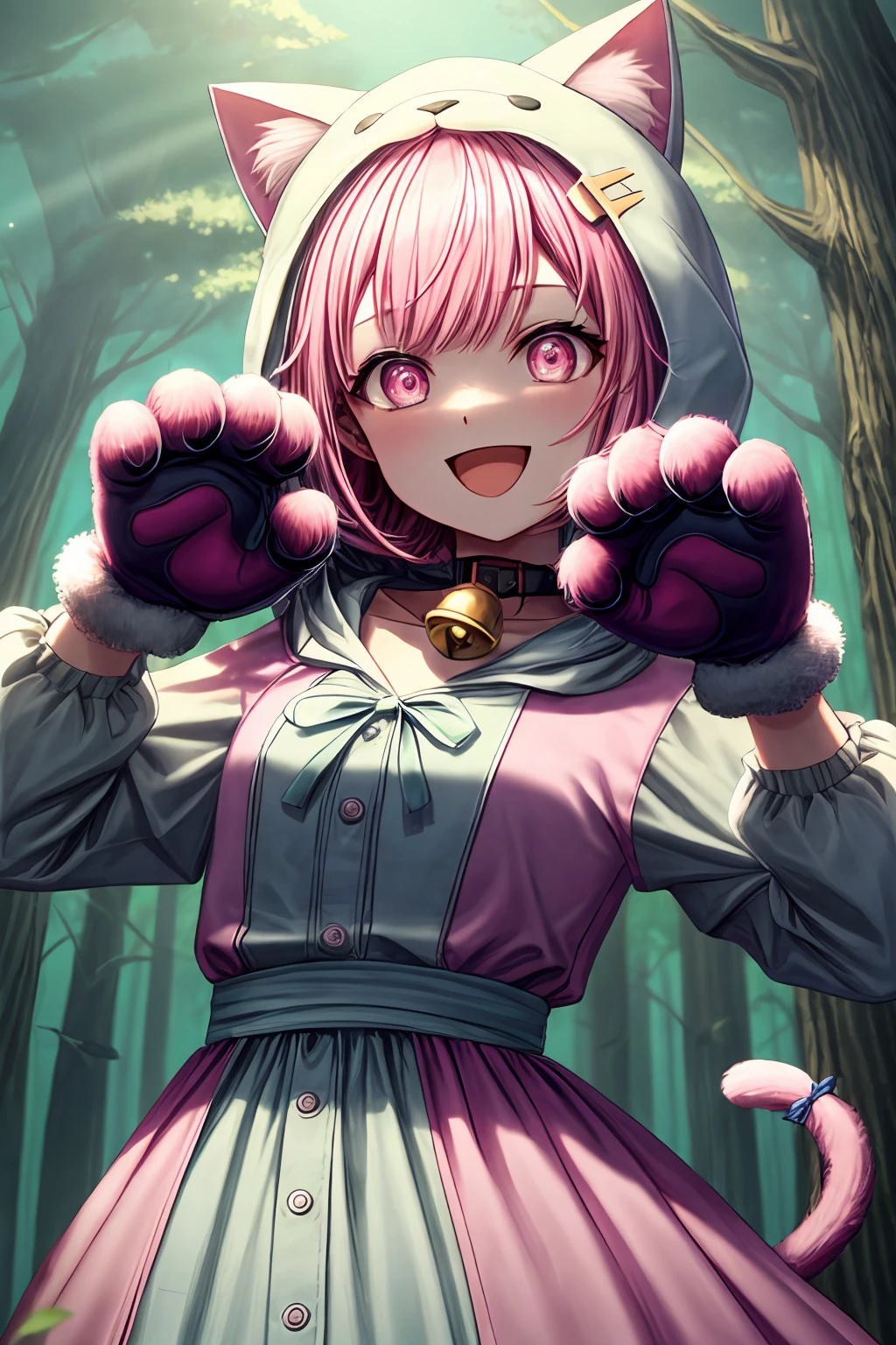 (masterpiece), best quality, expressive eyes, perfect face, emuwdh, looking at viewer, smile, open mouth, hair ornament, gloves, dress, bow, animal ears, tail, upper body, :d, outdoors, choker, cat ears, hood, fingerless gloves, medium hair, tree, cat tail, hands up, fur trim, bell, night, buttons, fake animal ears, leaf, blue bow, cat, cat girl, pink dress, nature, jingle bell, neck bell, hood up, forest, animal hands, ghost, paw pose, animal hood, tail ornament, claw pose, paw gloves, fur-trimmed gloves, pink gloves, tail bow, cat hood, animal ear headwear, <lora:462c30eb-f2ba-48be-a322-b06ee7b4a843:0.7>, <lora:more_details:0.7>