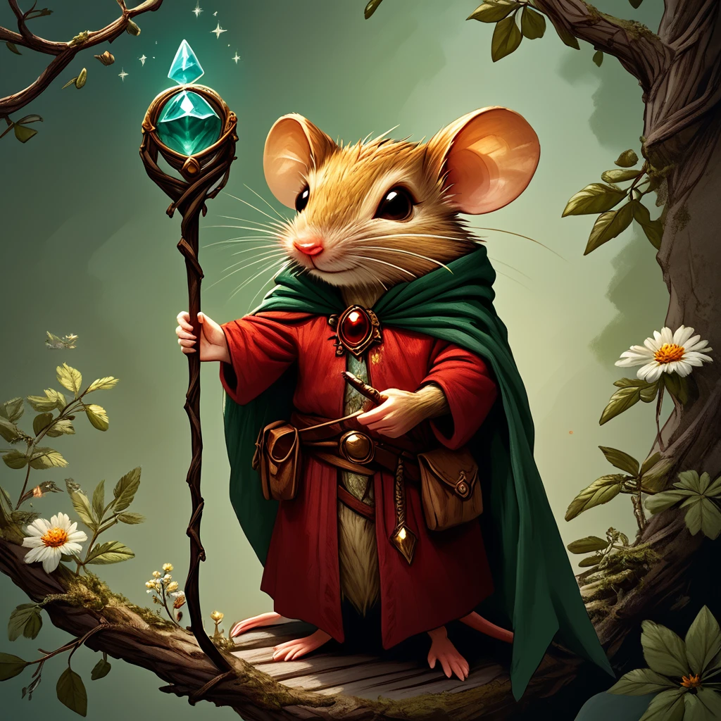 core_9, score_8_up, score_7_up,  <lora:MazesMicePony:1>  MazesAndMice, The image is a digital illustration of a mouse dressed up as a wizard. The mouse is wearing a red and gold robe with a green cape and a gold belt with a red pendant. It has two large ears and is holding a wand with a blue crystal ball on it. The wand is resting on a branch with green leaves and flowers. The background is a light beige color with a subtle texture. The overall style of the illustration is whimsical and magical., solo, cape, holding, flower, staff, pouch, mouse, standing, full body, furry