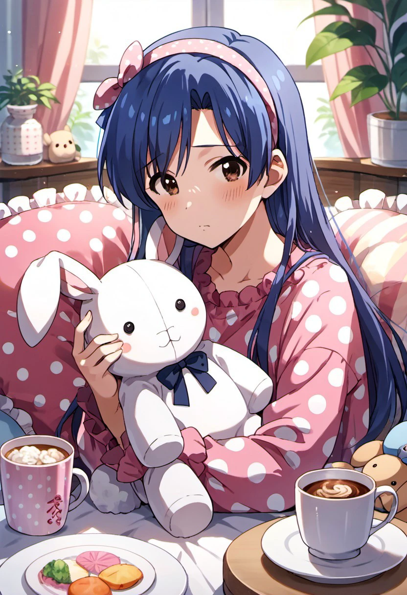 score_9, score_8_up, score_7_up, source_anime,kisaragi chihaya, blue hair, long hair, brown eyes, 1girl, stuffed toy, stuffed animal, stuffed bunny, solo, blush, pillow, food, cup, hairband, polka dot, looking at viewer