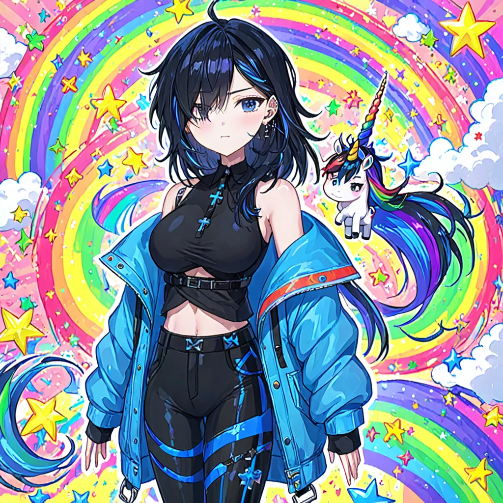 yuu, bangs, closed mouth, cross earrings, ear piercing, earrings, hair covering one eye, jewelry, messy black hair, piercing, solo, blue streaked hair, hair over shoulder, two-tone hair, breasts, best quality, anime drawing, virtual youtuber, 
acid trip, randomized patterned background, rainbow, unicorn, long boots, leggings, 
 <lora:YUU-XL-t6-000001:0.6>