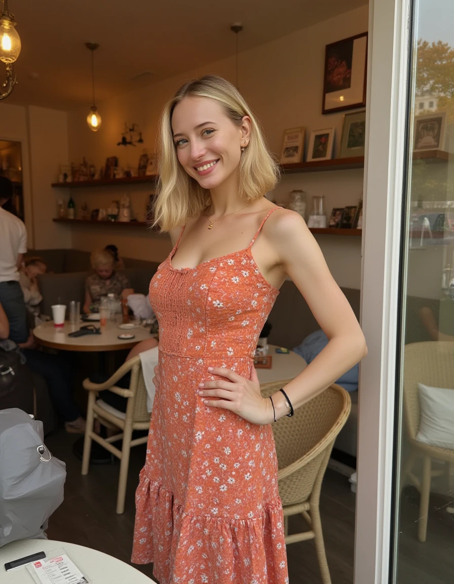 <lora:Sophia_Diamond_Flux:1>  blonde hair wearing a dress, standing in a cafe, looking at the viewer, smiling