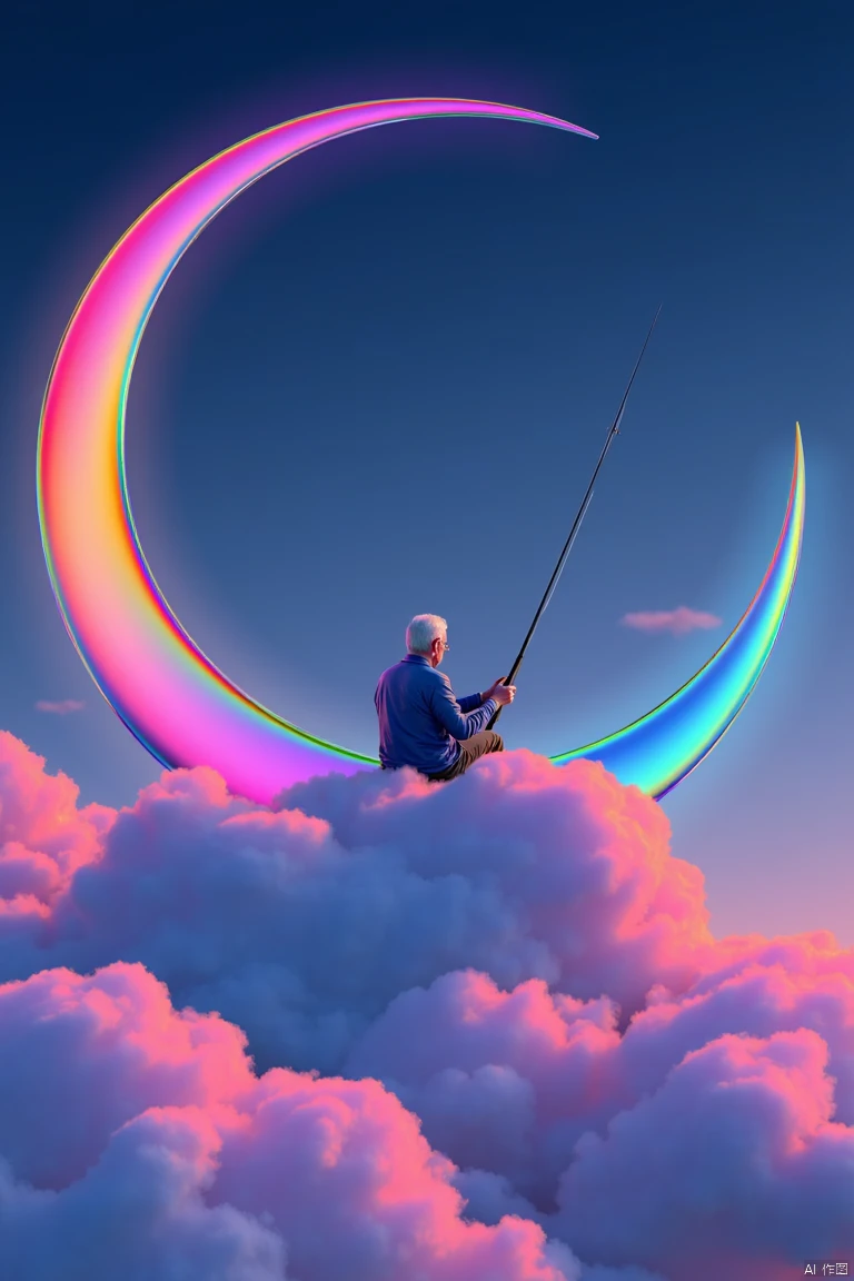 laser style,cloud,1 old man sits peacefully on the crescent moon,(fishing in the clouds,glowing neon color,luminescent particle,colorful theme,fluorescence,rim light,see-through,3d rendering,particle light effect,octane render,highly detailed,volumetric