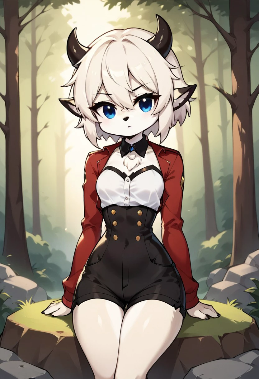 score_9, score_8_up, score_7_up, masterpiece, best quality, forest, Evening, (very beautiful eyes, small thighs, thin waist, small breasts), 1girl, RitaOC, White hair, blue eyes, short hair, furry female, horns, black furry ears, bunny tail,, Chibi, Red jacket, shorts, white shirt, rock, Sitting, Serious expression, Standing