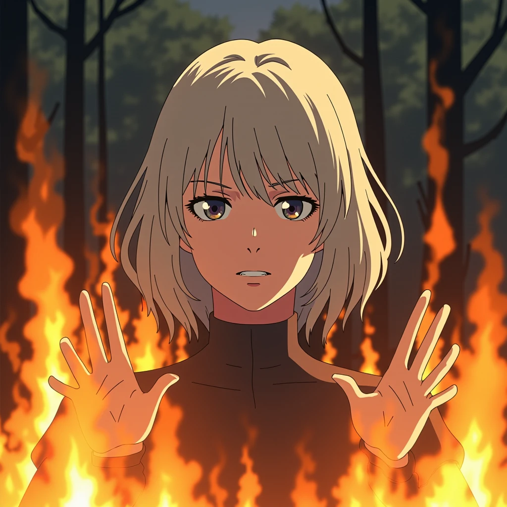 retro_anime, a woman with white hair, with a tense expression on her face, waves away the flames that rise around her, the background is a burning forest, the fire is reflected in her eyes