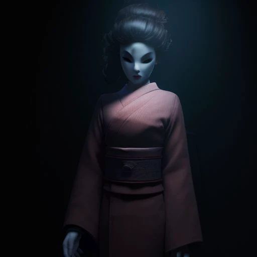 high res, good quality, accurate face, ((high resolution:1.2), (hi-res:1.2), masterpiece, best quality),  easynegative, ng_deepnegative_v1_75t, bad-picture-chill-75v, The Lady, video game character, Little Nightmares, Red kimono , porcelain mask , Taller woman, in a dark room,