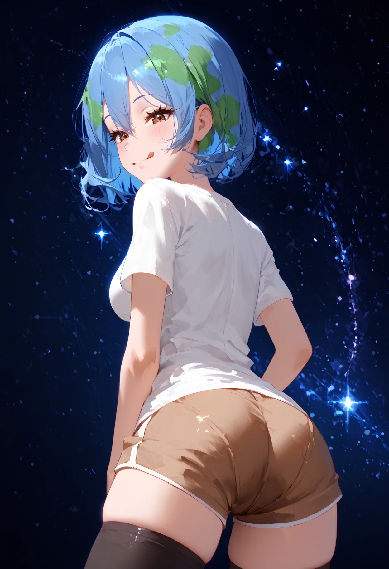 score_9, score_8_up, score_7_up, best quality, source_anime BREAK, Earth-chan, 1girl, green hair, multicolored hair, brown eyes, white shirt, blue hair, smile, two-tone hair, short hair, short sleeves, space, hair between eyes, starry sky, NASA shirt, blush, brown shorts, short shorts, black thighhighs, from behind, tongue sticking out, smug, ass focus, medium breasts, <lora:Earth-chan:1>