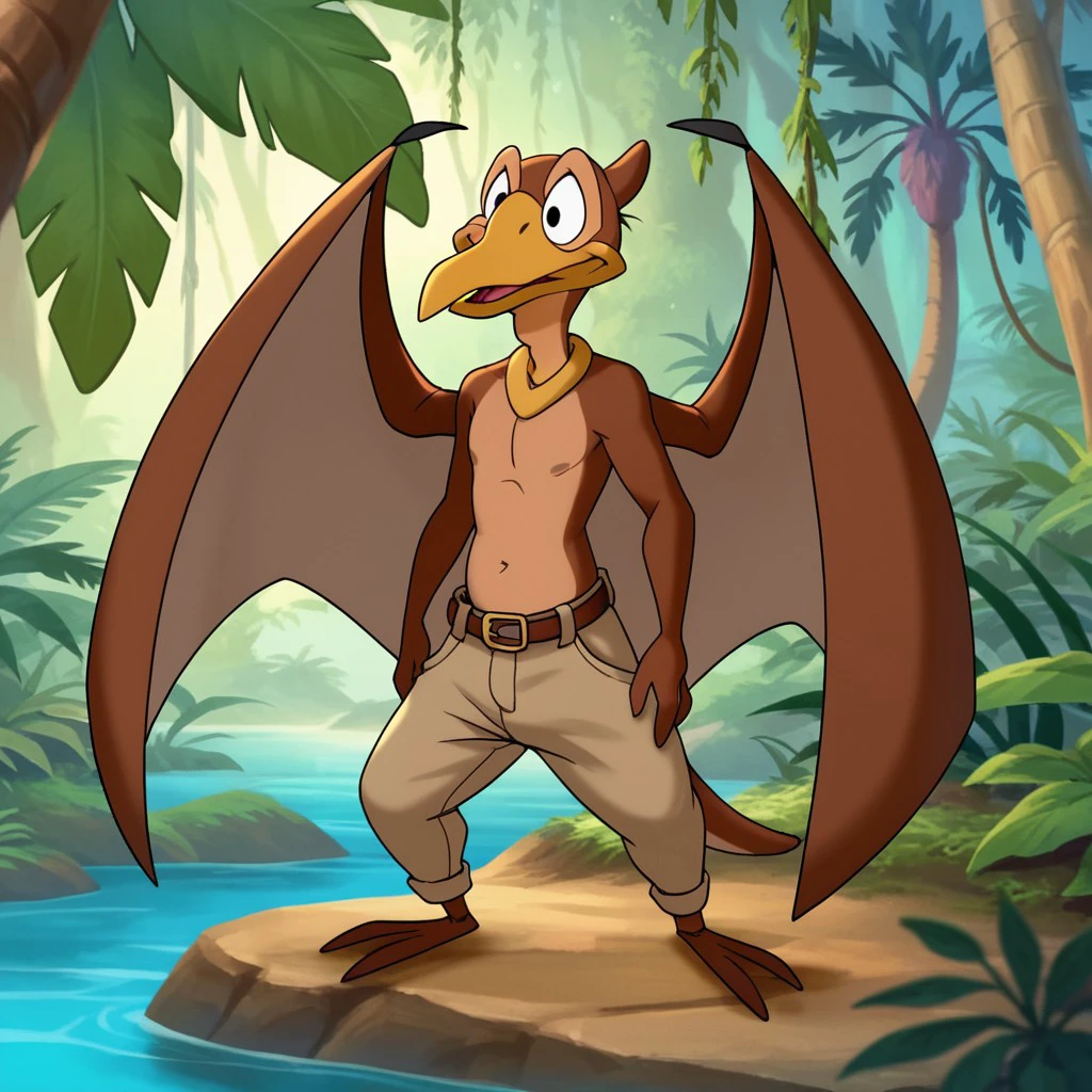 score_9, score_8_up, score_7_up, score_6_up, source_furry, Petrielbt, anthro, male, Pteranodon, brown skin, orange beak, black eyes, membranous wings, winged arms, 3 fingers, 3 toes, standing, adult anthro, in the jungle, cameo pants, poncho, <lora:5e89b741-8a69-4ac7-9218-bbfcfe38570c:0.7>