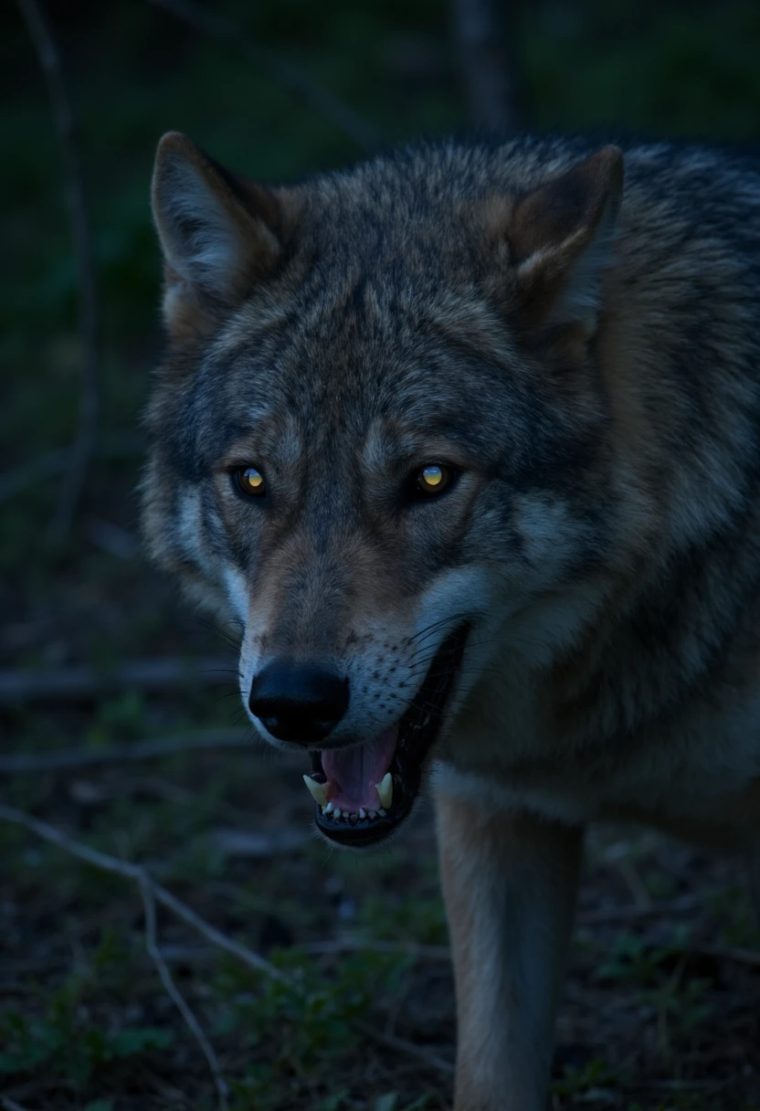 photo face of a snarling wolf with (tapetum:1.2) at night, in a forest, dark, detailed fur, soft focus, depth of field <lora:tapetum:1.5>