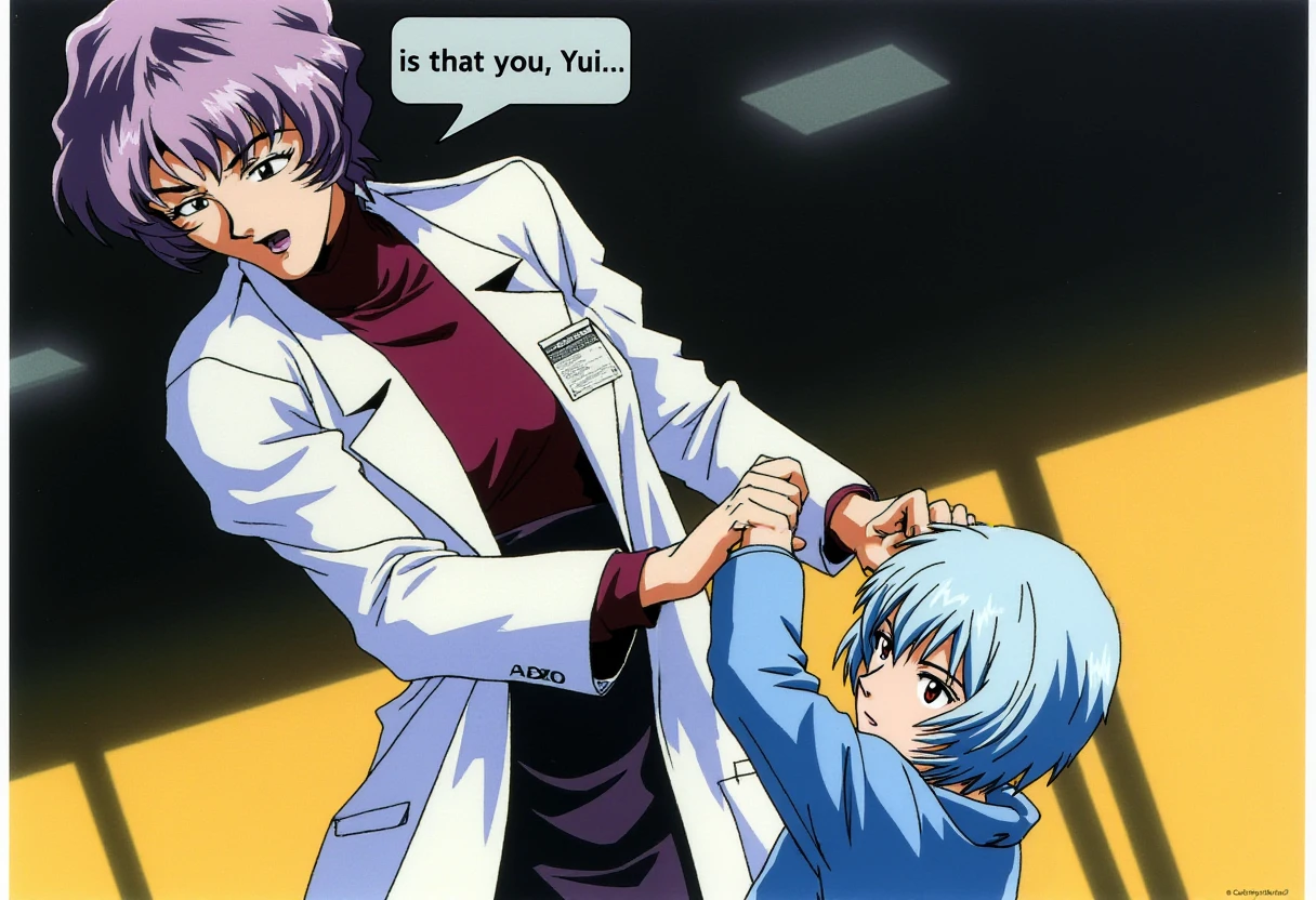 A detailed solo portrait of a mature woman naoko akagi.
Inside a dimly lighted office room, she wears a white lab coat, a shirt and a pencil skirt. She is trying to strangle a little girl ppayanamirei with pale blue hair. Her face distorted with hatred and anger. She is saying in a speech bubble: "is that you, Yui?"
Anime style, sharp, high contrast and highly detailed. Ghibli anime style. Perfect anatomy. Perfect body ratio. No oversized head. No blurry, out of focus pictures. No simple background, no single color background.
 <lora:Ayanami_Rei_-_Flux_prototype:1> ppayanamirei