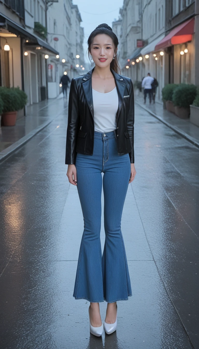 ,,chinese women,(35 years old:1.6),jeans,score_9,score_8_up,score_7_up,people come and go of the street,sidewalk,(women wearing jeans),women like stars,women looks angry,best quality,masterpiece,Highly detailed,ultra-fine painting,sharp focus,physically-based rendering,extreme detail description,Professional,Vivid Colors,Bokeh,((full body photo)),women wearing black leather jacket,white high heels,glamor,film light and shadow,ponytail hairstyle,long legs,rainy days,walk,round face,night,gloomy light,side photo,big eyes,mid-autumn festival,<lora:QIHONG PONY V3:1.3>,<lora:Flared jeans SDXL V1:2>