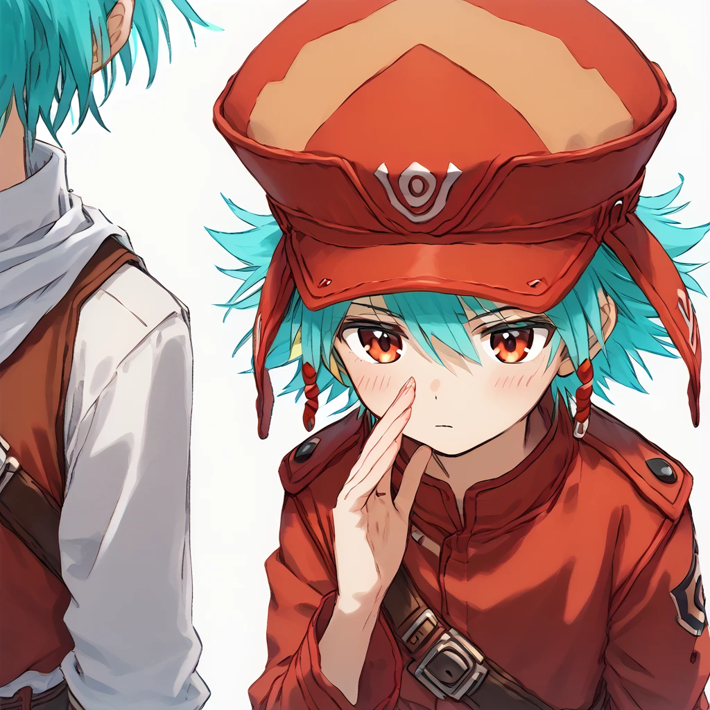 <lora:WhisperingPOV_pdxl_Incrs_v1:1> whispering, hand up <lora:.hack_kite:1> 1boy, turquoise hair, red outfit, hat