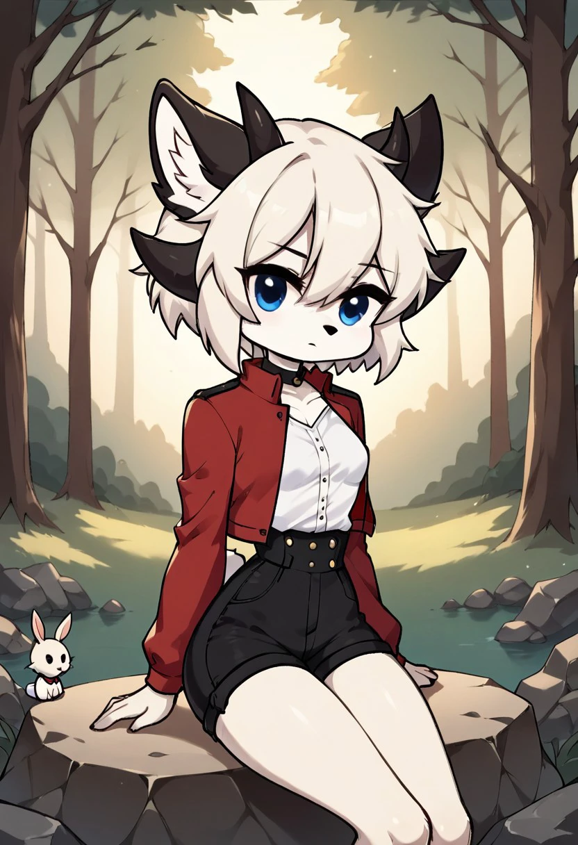 score_9, score_8_up, score_7_up, masterpiece, best quality, forest, Evening, (very beautiful eyes, small thighs, thin waist, small breasts), 1girl, RitaOC, White hair, blue eyes, short hair, furry female, horns, black furry ears, bunny tail,, Chibi, Red jacket, shorts, white shirt, rock, Sitting, Serious expression, Standing