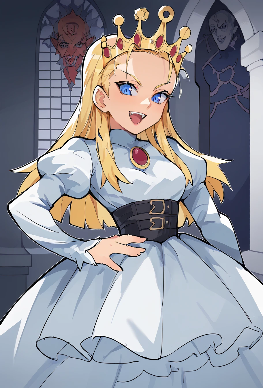 score_9, score_8_up, score_7, 2d, aesthetic, source_cartoon, BREAK, female focus, 1girl, ojou-sama_pose, laughing, one hand on hip, rim lighting, night, gothic castle, interior, evil lair, 1girl, devilotte, long blonde hair, hair slicked back, crown, blue eyes, white dress, puffy juliet sleeves, 
furrowed brow, looking at viewer, warm lighting,