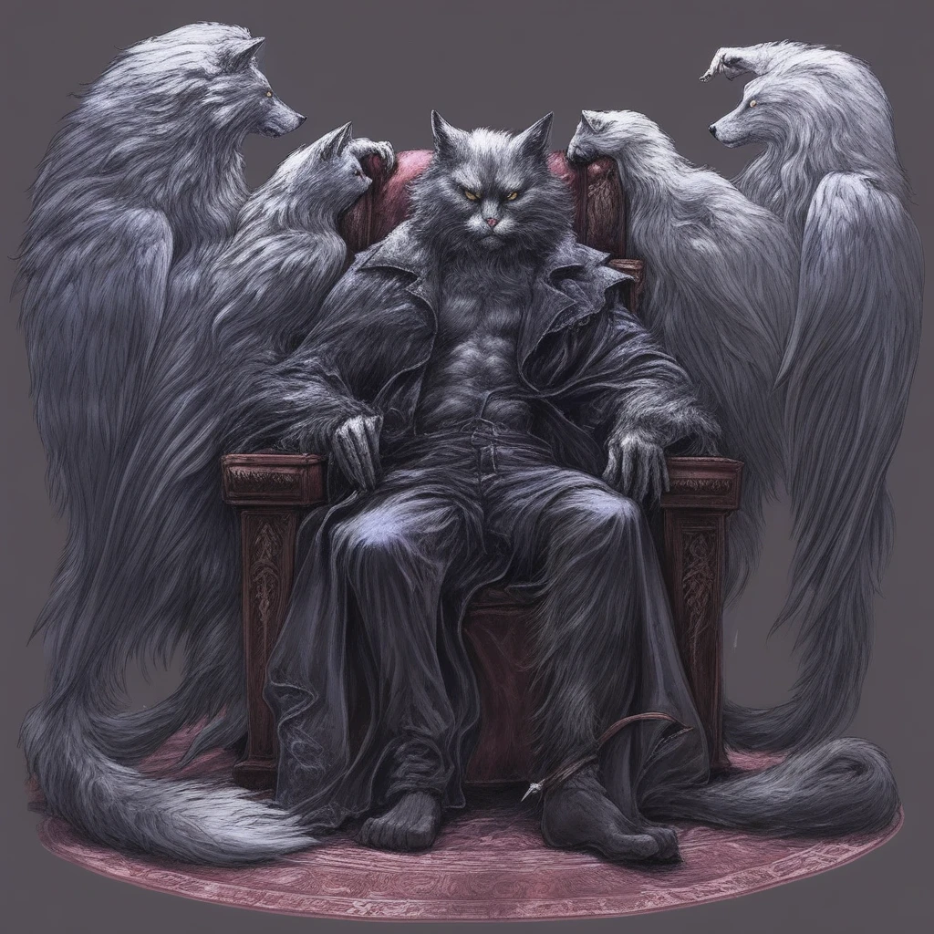 sitting, throne, wings, multiple wings, werewolf, no humans, greaves, cat, robe, sword