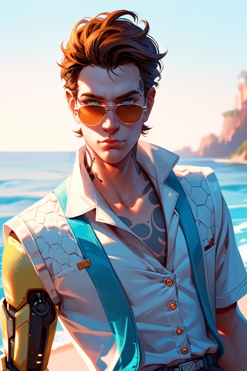 score_9, score_8_up, score_7_up, score_6_up
<lora:BLRhys:0.8>
BLRhys, 1boy, heterochromia, brown hair, android, tattoo, single mechanical arm, looking at viewer, posing on a luxury yacht, wearing a crisp white shirt and sunglasses, blue ocean all around, sun-kissed skin, relaxed yet sophisticated vibe