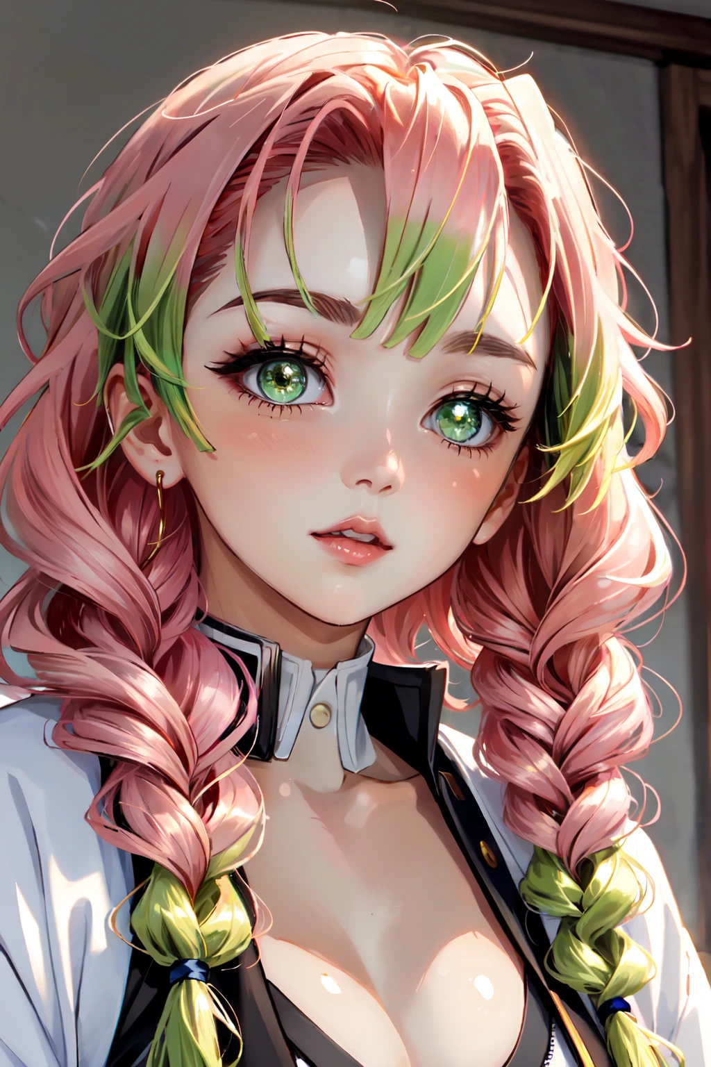 1girl, mitsuri_kanroji, kanroji mitsuri, kimetsu no yaiba, green hair, pink hair, portrait,  <lora:mitsuri_kanroji-03:1>