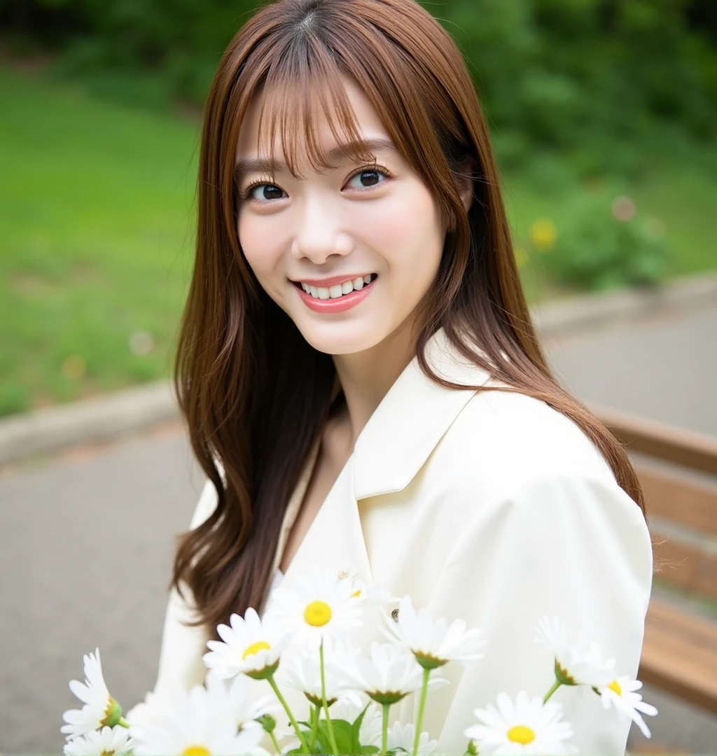 The image is a portrait of a young woman with long brown hair and bangs. She was wearing a white coat. The woman looking directly at the camera, Sitting on a bench in the park. In front of her, there is a bunch of white daisies. The background is blurred, but it appears to be a garden or park with greenery. The overall mood of the image is cheerful and relaxed.