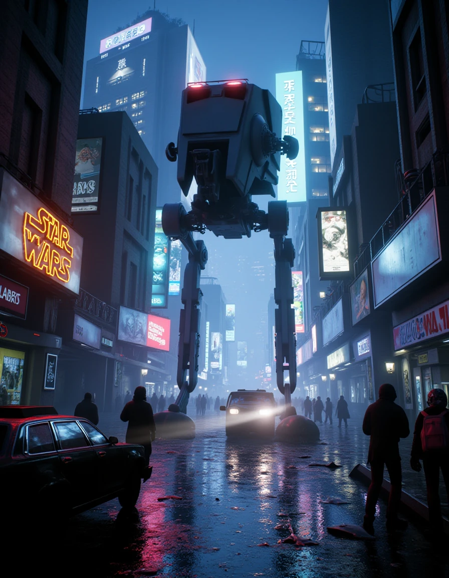 a star wars style, lucasfilm, movie still of an 10 meters tall at-st,walking down the cyberpunk city street,neon lights,dramatic angle,epic composition,foggy,lightrays, rule of thirds,<lora:AT-ST:1>, <lora:star wars style v1:1>,stormtroopers