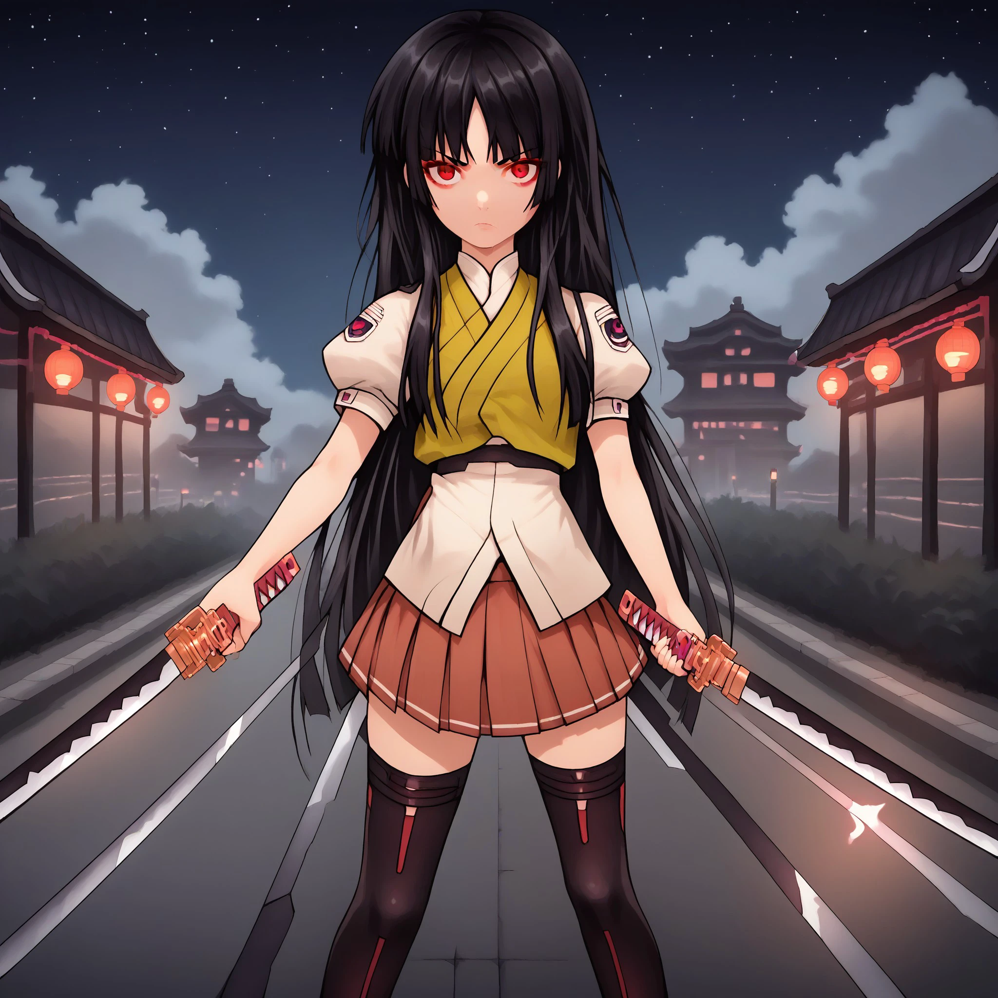 (masterpiece), best quality, expressive eyes, perfect face, 3nah1me, 1girl, sword, red eyes, weapon, black hair, solo, long hair, thighhighs, skirt, katana, holding katana, outside,city,midnight,cloudy,(starry night:1.1),sidewalk,park,lights,palms,flowers, grass, plants,ivy,srping season, bloom, pollen,light particles, (dark matter:1.25),black theme, dark background, (zPDXL2:1.5), holding katana, katana, looking at viwer, <lora:584554b1-5638-4ae3-a13c-f32e986cc10d:1.0>, <lora:743ab114-2dc7-4a68-a995-0d3c9dc174a0:0.3>, <lora:e70bd788-b3b8-423c-a607-07afe99d664f:1.0>, <lora:c2fac8a3-6427-41f2-b062-2cda68e6cd2a:1.0>