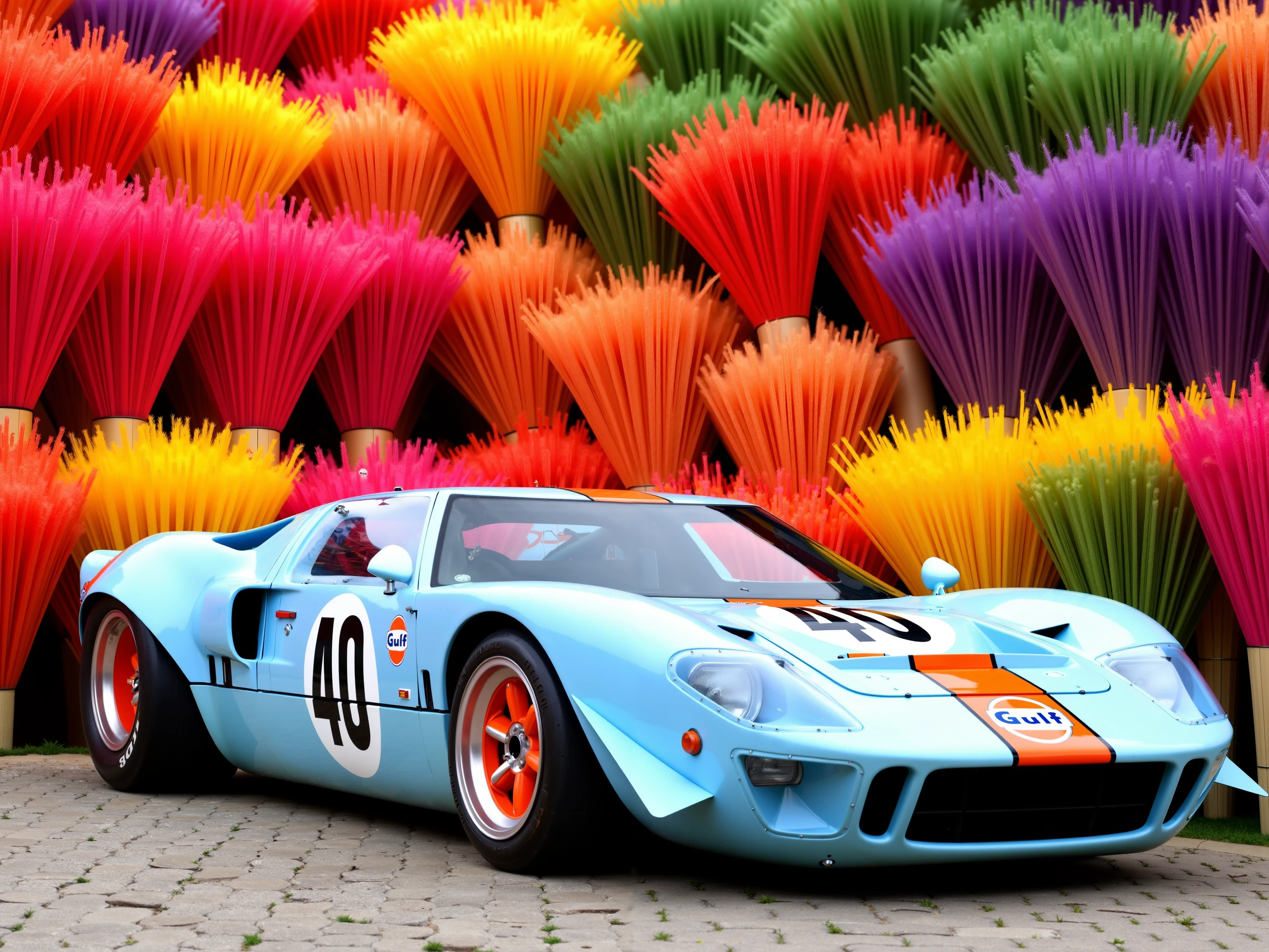 vibrant scene, the Ford GT40 with its legendary Gulf livery stands out in stark contrast to the explosion of color in the background. The car’s light blue body is accented with the unmistakable orange racing stripes that run down the center and along the side, emphasizing its sleek, aerodynamic profile. The number 40 is boldly displayed in black inside a white circle on the door, a hallmark of its racing heritage.

The car’s low, wide stance and smooth curves capture attention, with its distinctive sloped front and rear air vents designed for high-speed performance. The orange wheels further enhance the car’s classic look, catching the eye with their polished finish. The iconic Gulf logo is positioned just in front of the number, adding to the car’s historical racing prestige.

In the background, rows of brightly colored bundles of incense sticks in hues of red, yellow, green, purple, and orange create a mesmerizing and vivid backdrop, surrounding the GT40 in a kaleidoscope of colors. The visual contrast between the cool tones of the car and the warm, rich colors of the background gives the image a surreal, artistic quality, merging motorsport legend with the lively, cultural ambiance of the setting.

Despite the vibrancy of the background, the GT40 maintains its commanding presence, its iconic design and classic colors effortlessly standing out, even amidst the swirling array of colors behind it.