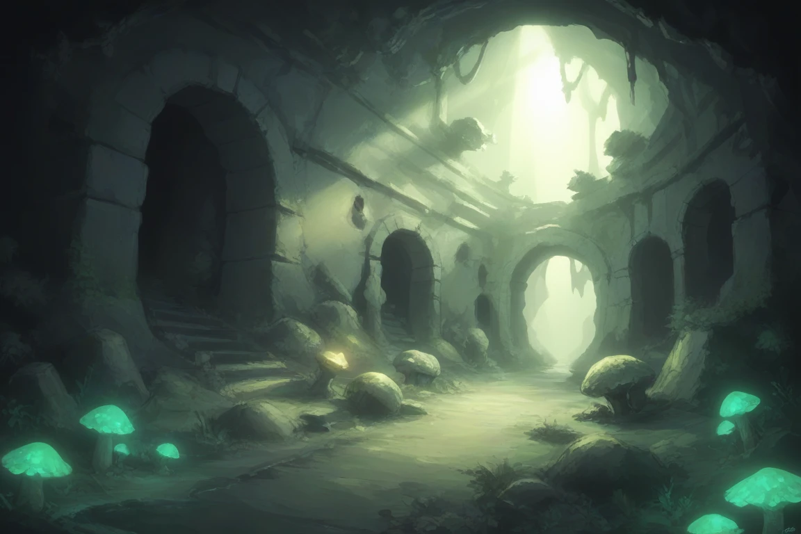 score_9, score_8_up, score_7_up, score_6_up, score_5_up, magic ruins, cave, underground, dim lighting, giant mushrooms, glowing moss, creek, limestone, cavern, yellow theme, white theme, glow, painting, 4k, path,<lora:Grimgar_Style:.6> grimfd