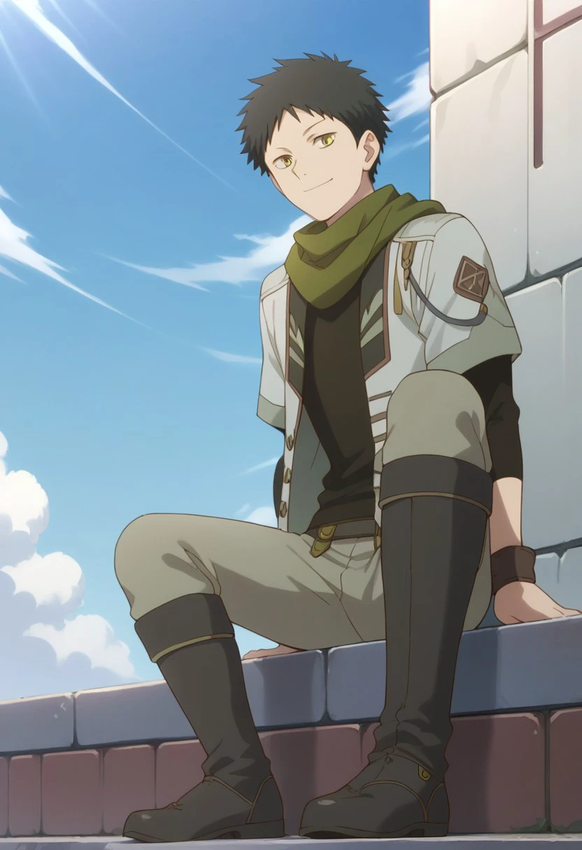 score_9, score_8_up, score_7_up, source_anime, highly detailed, 

obi_sw, 1boy, solo, male focus, black hair, yellow eyes, boots, scarf, green scarf, jacket, open jacket, open clothes, shirt, black shirt, smile, closed mouth,

outdoor, sky, cloud, sit