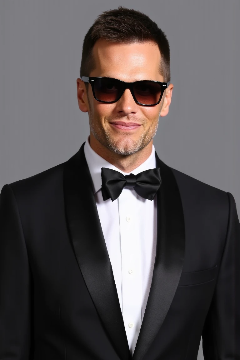 photo of Tom Brady, a man in a black suit, bowtie, sunglasses, is smiling for the camera, grey background, extremely realistic