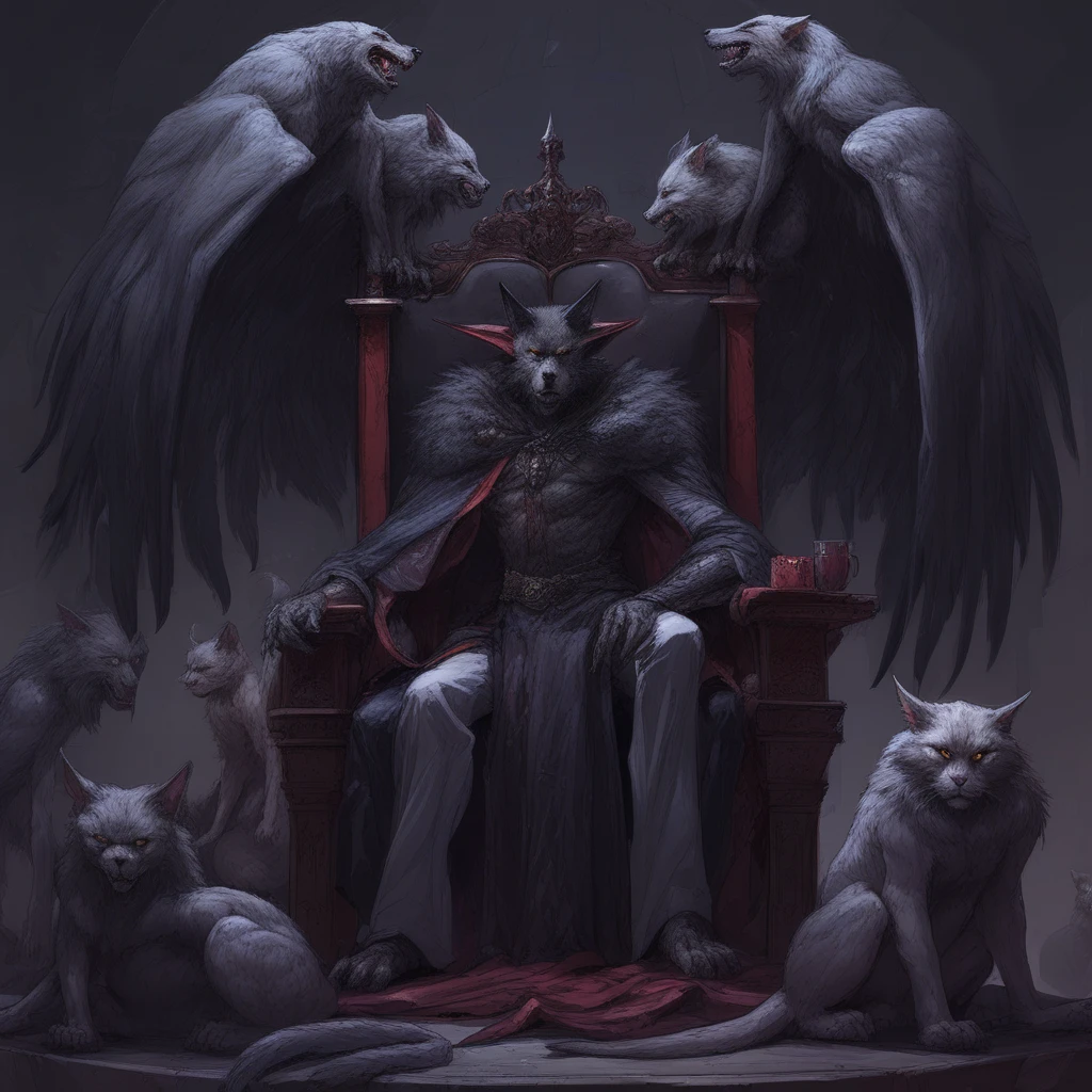 sitting, throne, wings, multiple wings, werewolf, no humans, greaves, cat, robe, sword