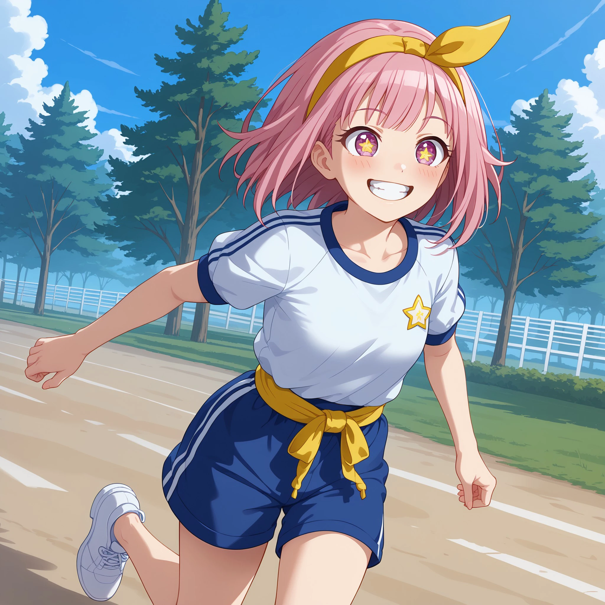 (masterpiece), best quality, expressive eyes, perfect face, emuwdh, blush, smile, shirt, collarbone, white shirt, short sleeves, hairband, outdoors, sky, shoes, shorts, teeth, day, star (symbol), grin, sash, white footwear, gym uniform, blue shorts, running, gym shirt, yellow hairband, gym shorts, <lora:dabb88cd-74f5-4657-8c0a-97164525ed0b:0.7>