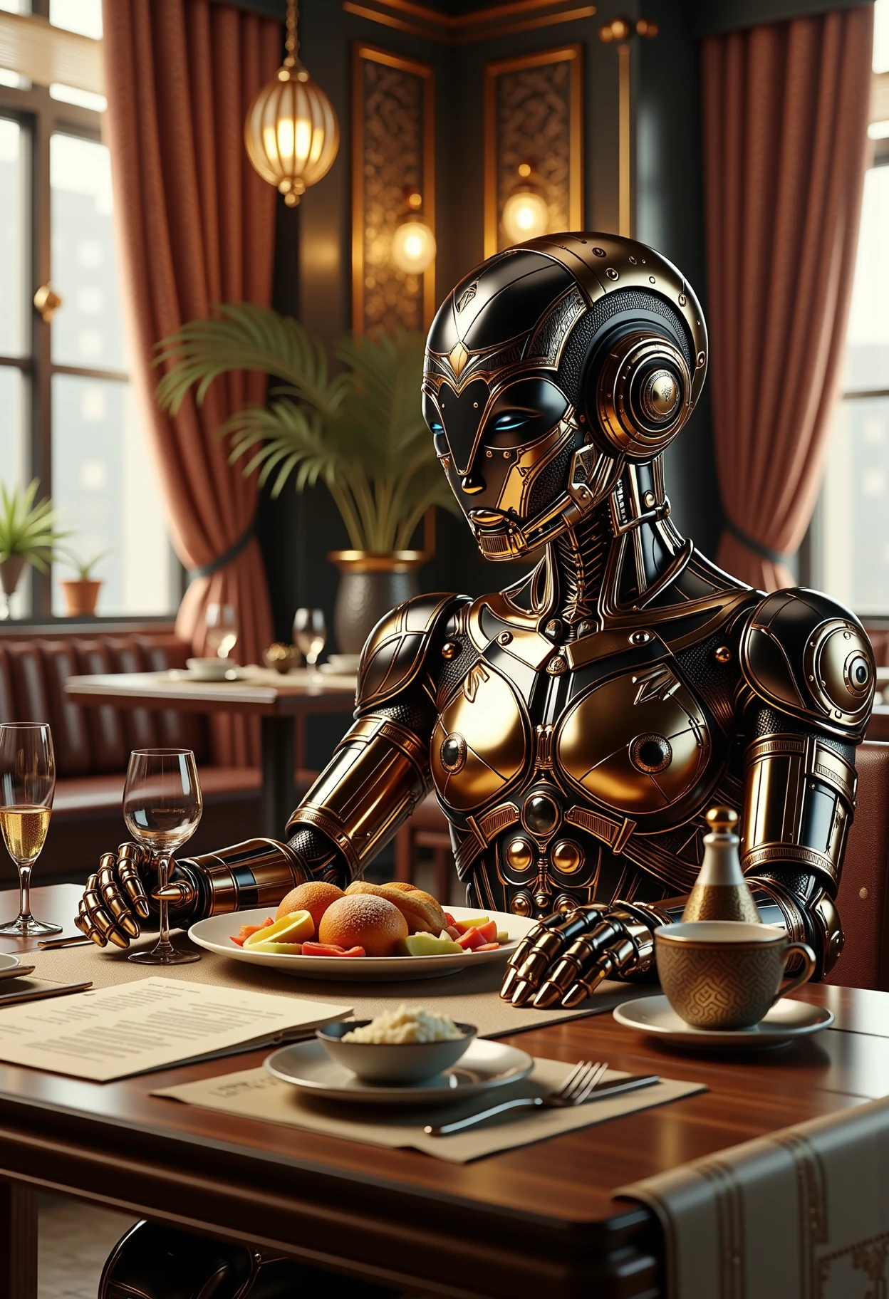 afrofuturism, a robot having breakfast in a posh french restaurant, cinematic lighting, 4k, UHD, trending on Artstation
 <lora:dvr-afrofuturism-flux:1>