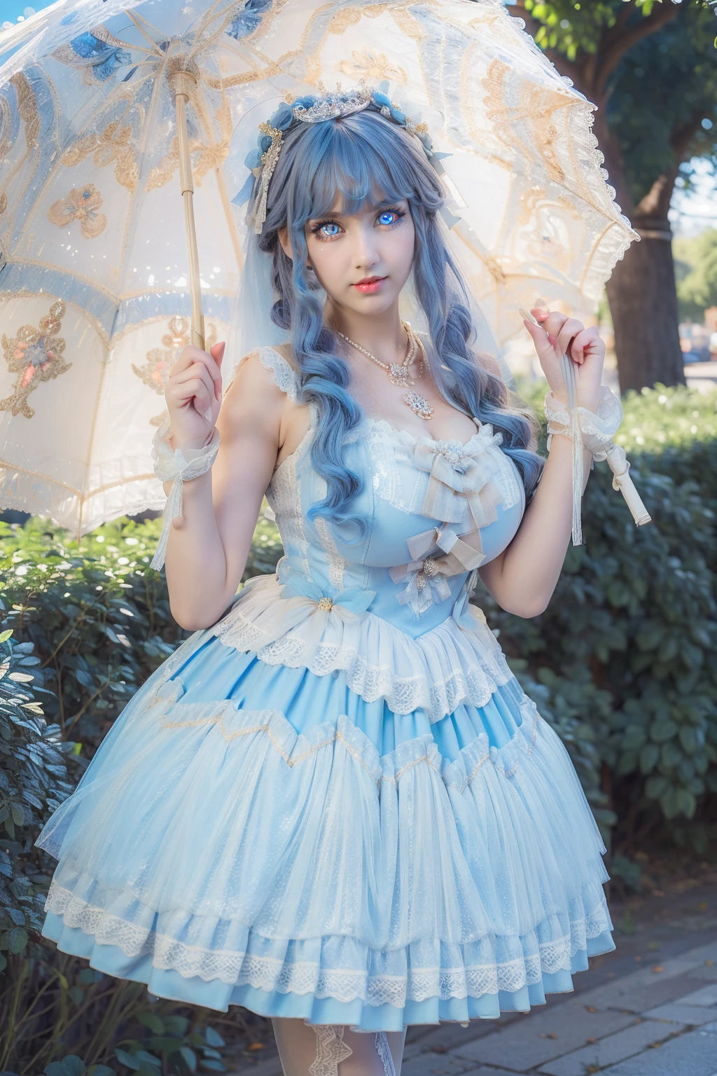 (masterpiece, best quality:1.2),illustration,8k,hd,1 girl,depth of field,bswq,dress,white dress,blue dress,umbrella,jewelry,necklace,pantyhose,bow,lace,lace trim,lace-trimmed dress,sleeveless dress,((cleavage)),big breasts,(outdoors:1.3),(glowing blue eyes:1.3),