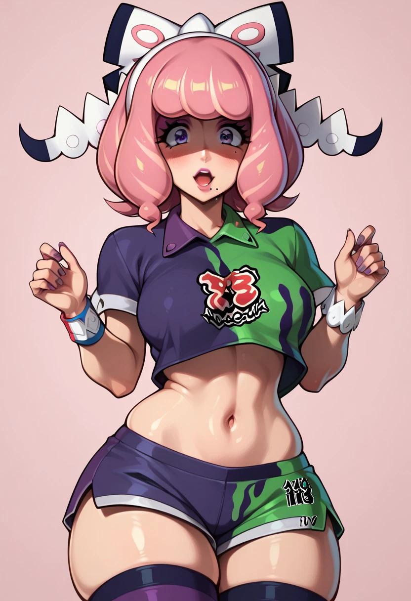 score_9, score_8_up, score_7_up, deep skin, shiny skin, skindentation, source_anime, high quality, highres, (curvy), ((wide hips)),, thick thighs, cute, , sexy, medium breasts, klara_pokemonswsh, pink hair, mole under mouth, purple shirt, purple sport shorts, collared shirt, two-tone shirt, purple stockings, purple eyes, purple eyeshadow, pink lipstick, short sleeves, printed shirt, hair bow, white headband, shocked, pink background