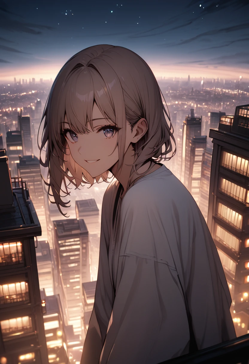 score_9, score_8_up, score_7_up, scope_6_up, masterpiece, best quality, anime, source_anime, zPDXL3,1girl, solo_focus,looking at viewer, hanging hair, head tilt, leaning forward, from side, on the rooftop, cityscape, metal railings, night sky, city lights, smile, gentle gaze, perfecteyes