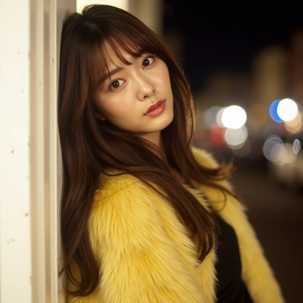 The image is a portrait of a young woman standing on a street at night. She is leaning against a white pillar and is wearing a yellow fur coat over a black dress. Her long dark hair is styledin loose waves, bangs,  and she is looking directly at the camera with a serious expression. The background is blurred, but it appears to be a city street with buildings and cars. The lighting is soft and warm, creating a cozy atmosphere.