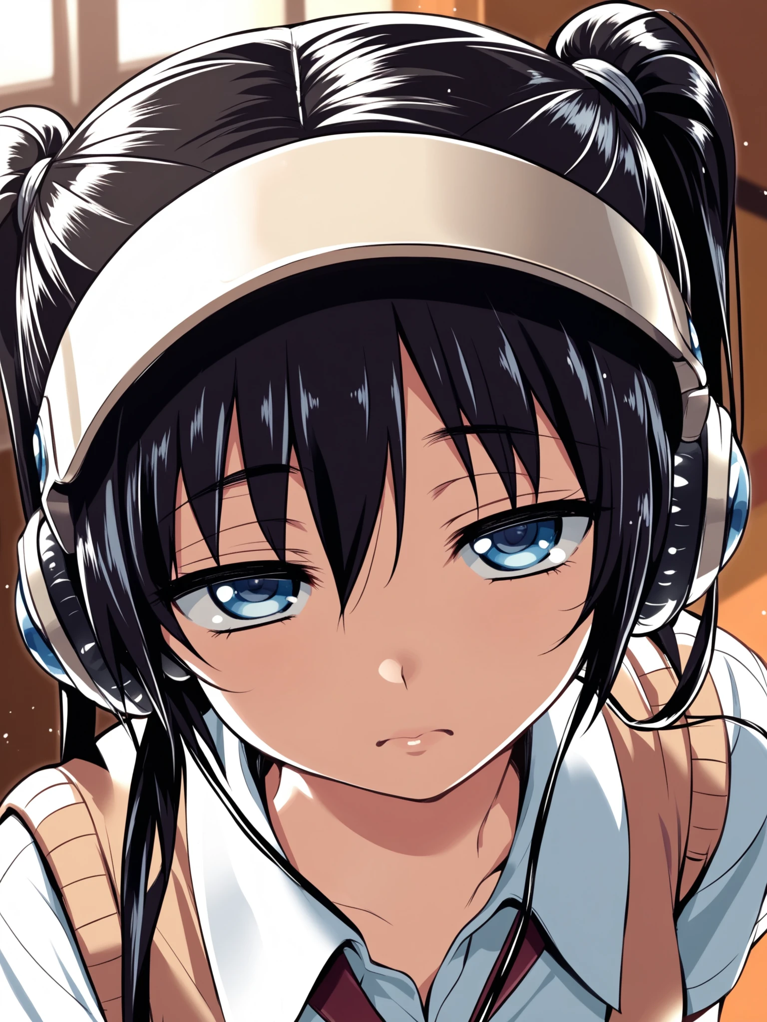 <lora:happy_tentacle-mayu-v0.1-000033:0.9>, ht_mayu, headphones, black hair, blue eyes, collared shirt, sweater vest, short sleeves, indoors , 1girl, solo, , half-closed eyes , (doyagao :1), , looking at viewer , , facing viewer , score_9, score_8_up, score_7_up, score_6_up, score_5_up, score_4_up