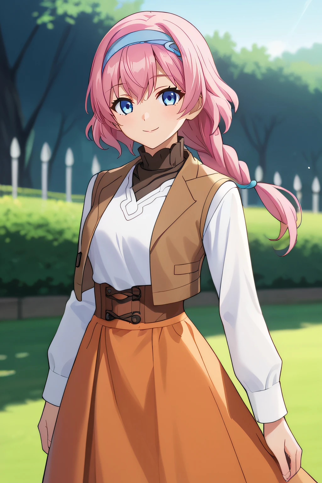 score_9, score_8_up, score_7_up, source_anime, rating_safe, intricate details, anime screencap, official style, 1girl, <lora:Priscilla:1>, priscilla, pink hair, blue eyes, braided ponytail, low ponytail, hairband, white dress, long sleeves, brown vest, open vest, orange skirt, long skirt, cowboy shot, looking at viewer, smile, outdoor