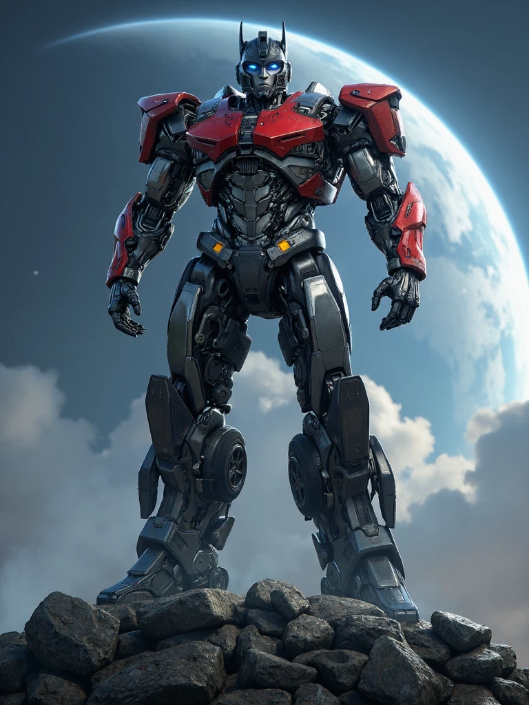 deus ex style, optimus prime robot standing epically on pile of rocks, his body in advanced futuristic design have red and blue accents with wide chest, faceplate mask, hands on hips, massive shoulders, wheels and other truck parts on body, night, cybernetic planet on the sky<lora:sxz-Deus-Ex-Smol-Flux:0.8>